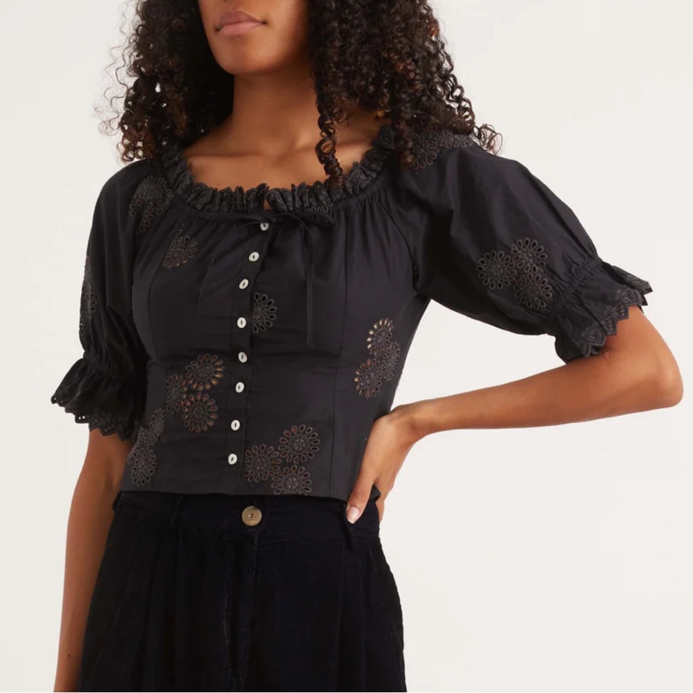 LoveShackFancy Anala Eyelet Top in Black